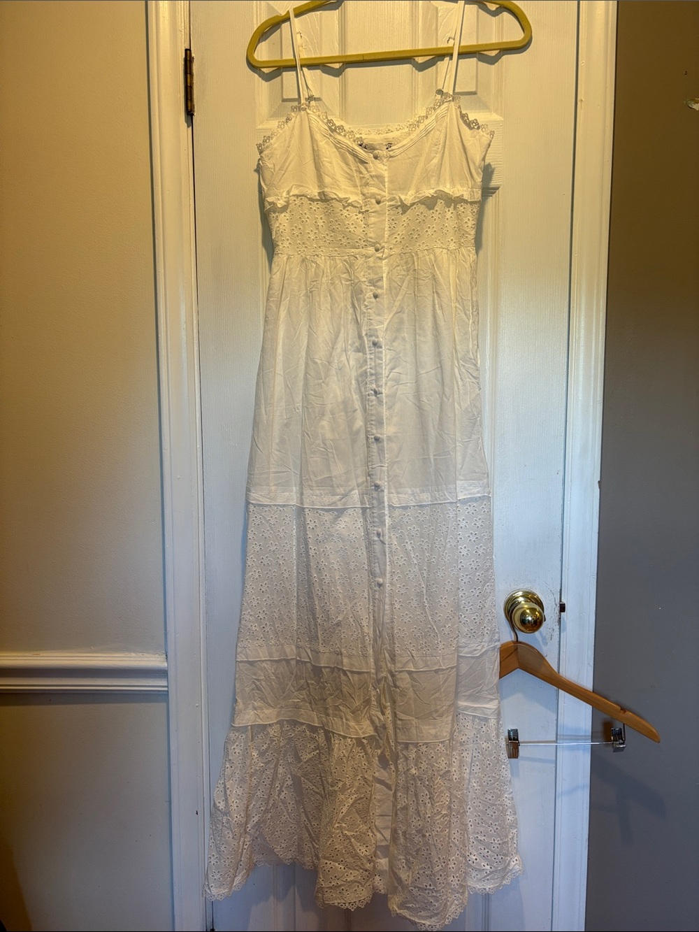 NWT Forever 21 White Eyelet Lace Tiered Maxi Dress Button Front Cottagecore S